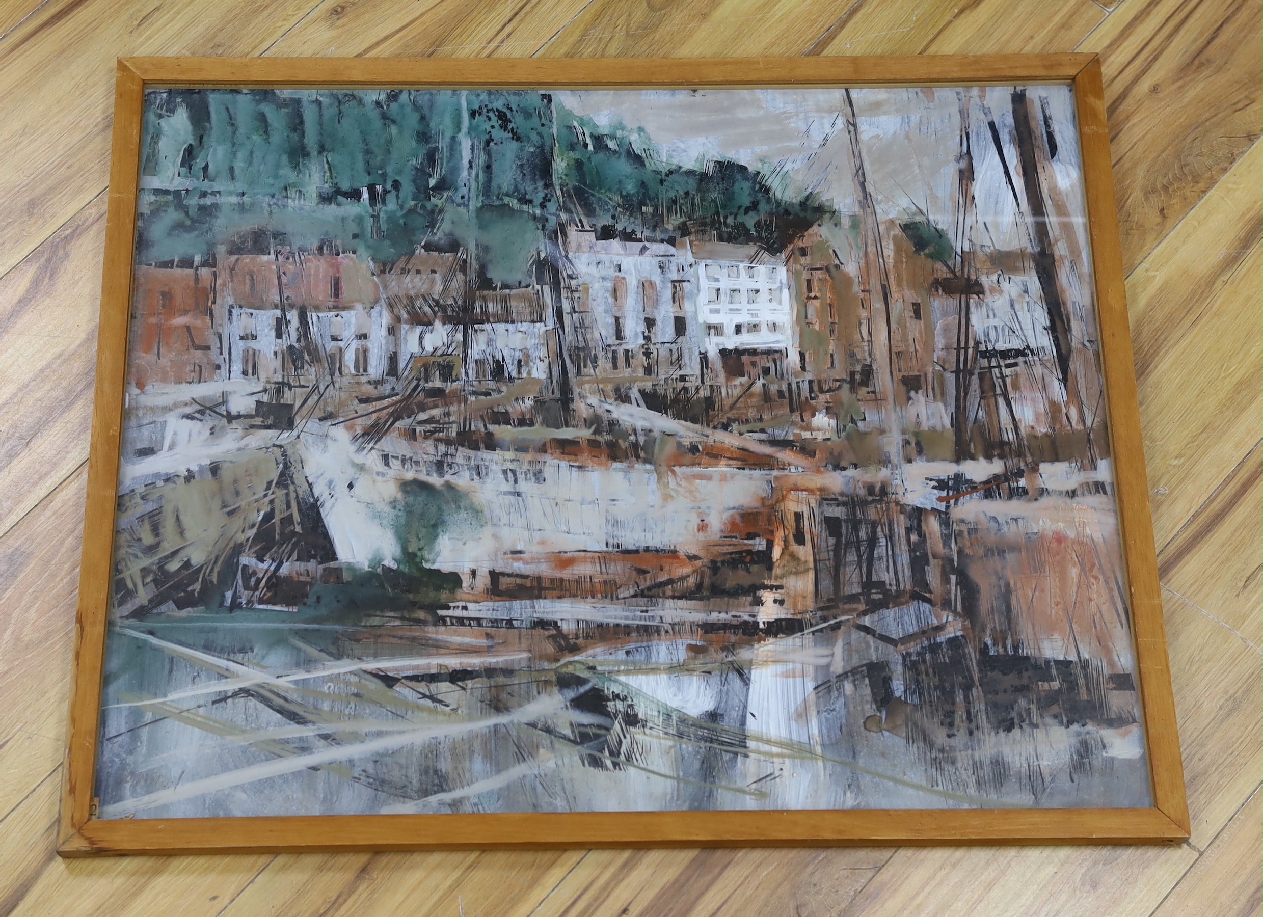 French School, mixed media, Shipping in harbour, 59 x 74cm